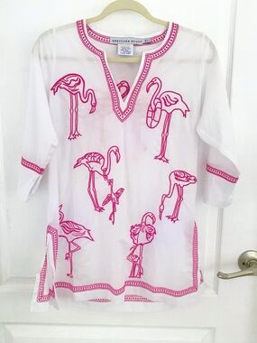 NEW Gretchen Scott Designs Tunic/CoverUp Embroidered Flamingos, SzXS